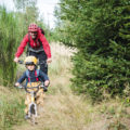 Vater und Kind im Wald mit dem Rad unterwegs