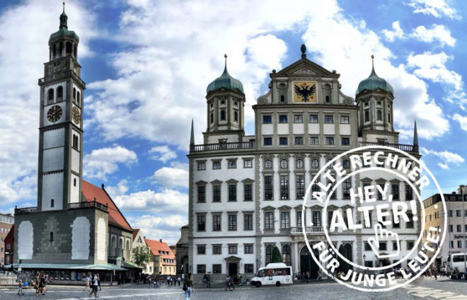 Augsburger Rathaus + Perlachturm mit einem Stempel von "hey Alter"