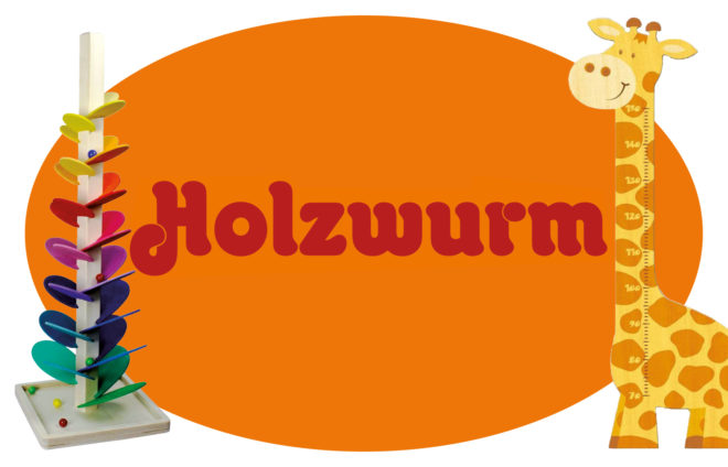 Collage Holzwurm-Logo mit Holzspielzeugen