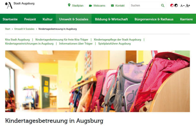 Screenshot vom Internetauftritt Kita Stadt Augsburg