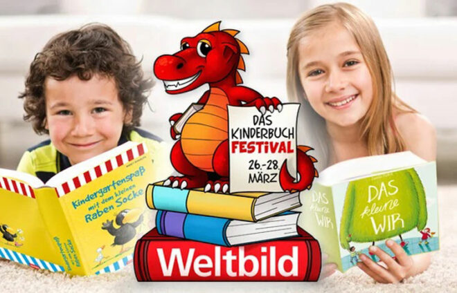 Logo "Weltbild Kinderbuchfestival" mit zwei Kindern und ihren Büchern im Hintergrund