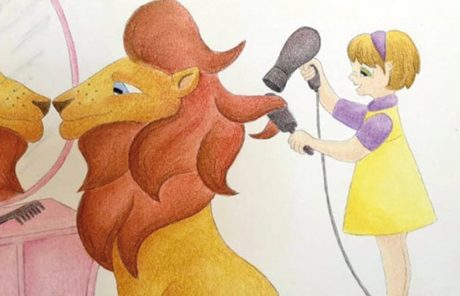 Illustration eines Mädchens, die gerade einen Löwen kämmt und fönt