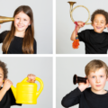 Kinder horchen an verschiedenen Instrumenten