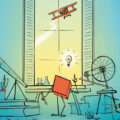 Illustration von Box, am Fenster stehend